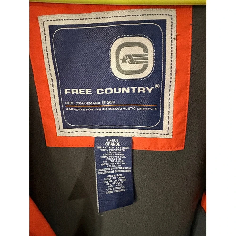 Free Country Mens Large Orange Charcoal Grey Hooded Ski Jacket Fleece Lined Coat